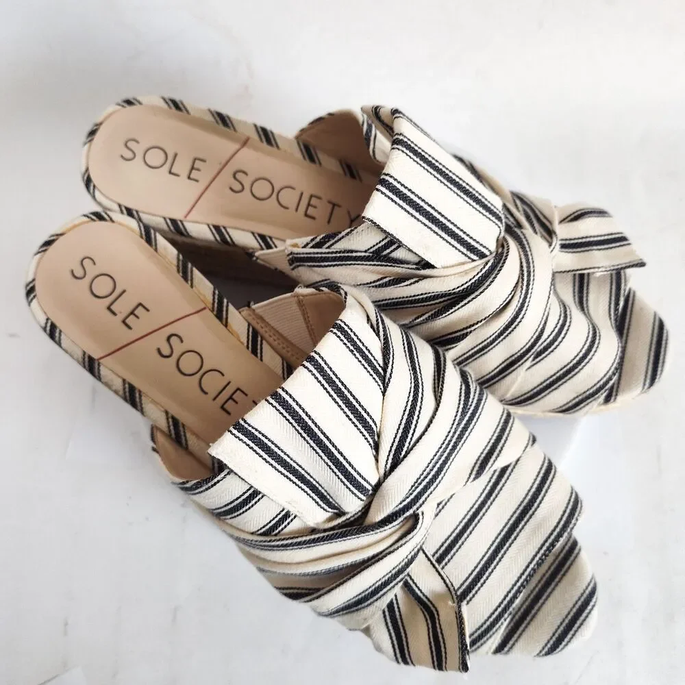 Sole Society Mules Size 9 Slides Linen Cream Blue‎ Striped Bow Flats Closed Toe